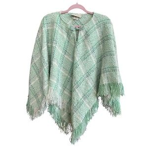 Boyne Valley Weavers Mint Green Plaid Irish Wool Blend Fringed Poncho Cape Sz OS